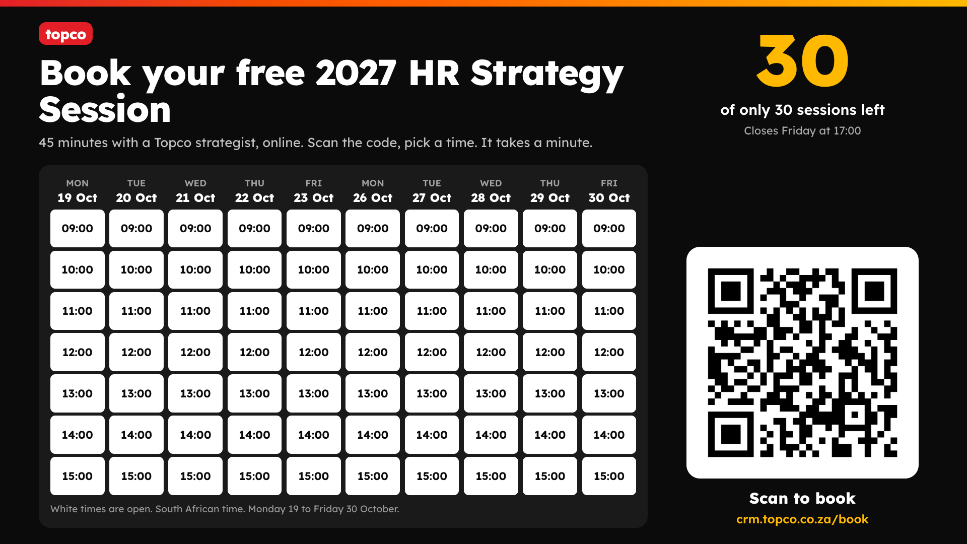 The big-screen calendar: ten days of session times, the number of sessions left, and a QR code to book