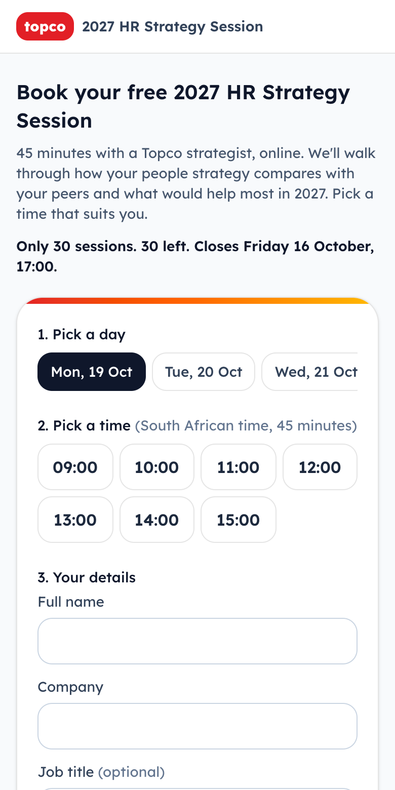 The booking page: pick a day, pick a time, your details