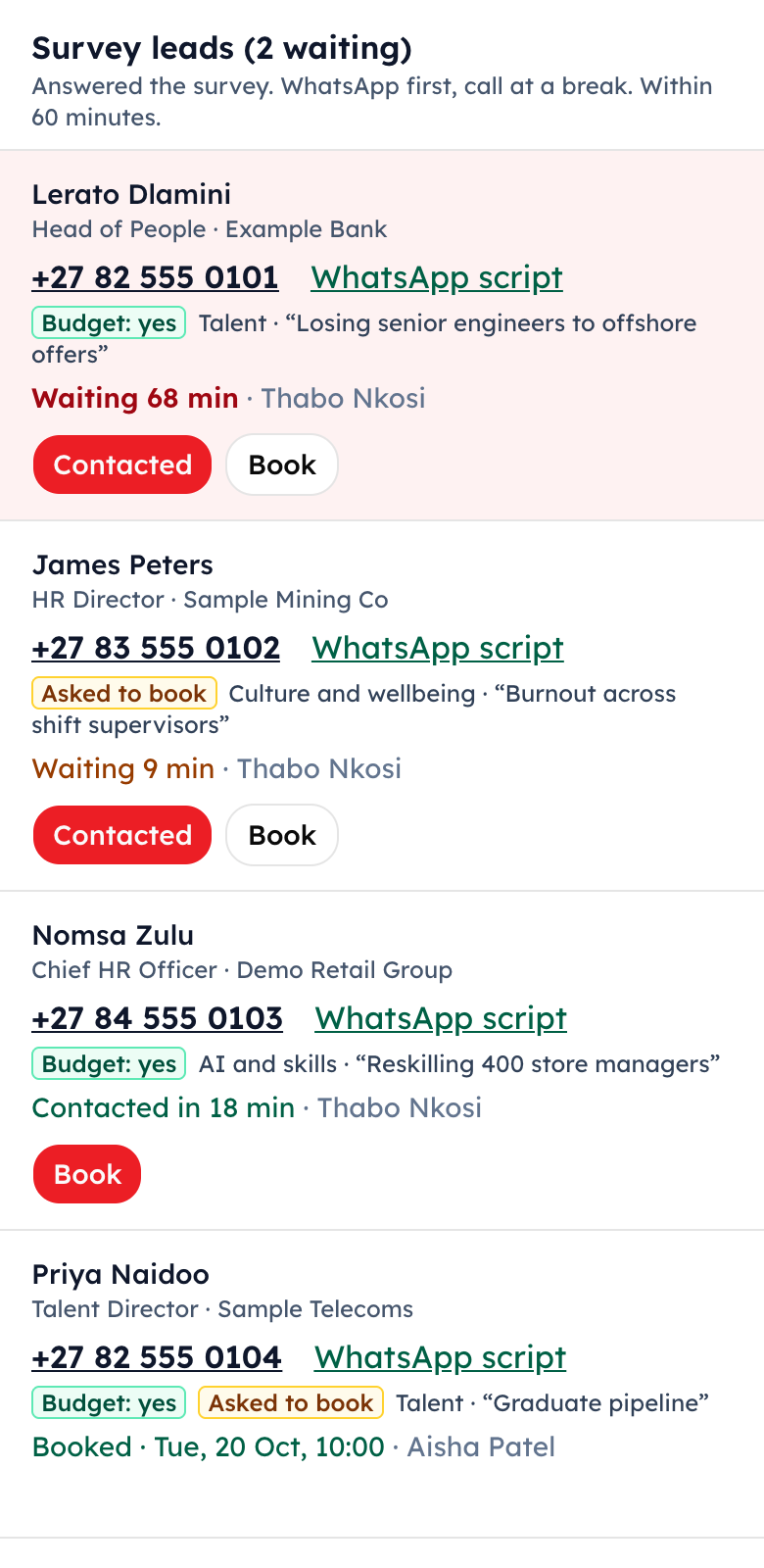 The survey leads list with phone numbers, waiting times and Contacted and Book buttons