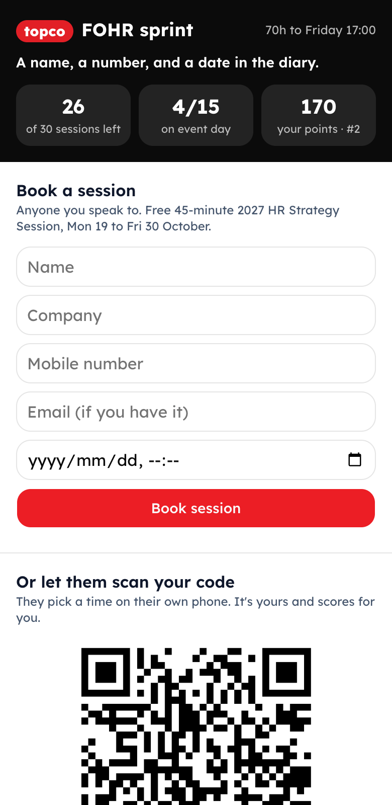 The phone sprint page: scores at the top and a short Book a session form